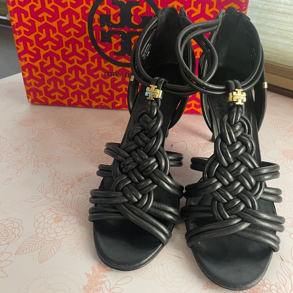 Tory Burch Black Constance Braided Heels